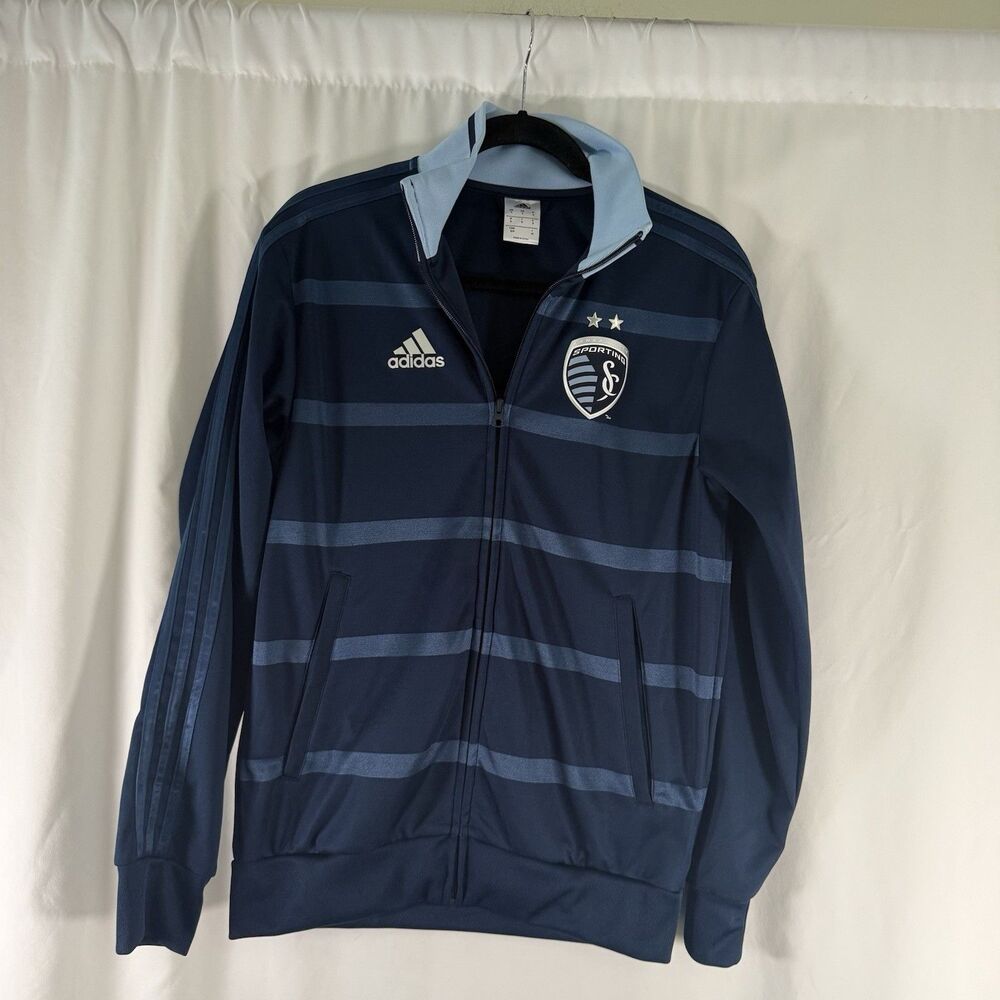 Sporting Kansas City ADIDAS Jacket Men's Small Blue Striped Full Zip Pockets